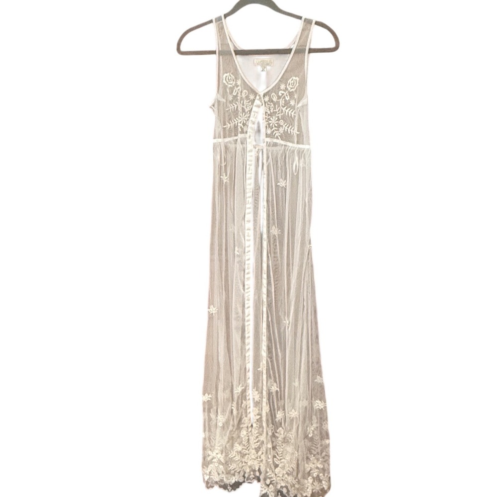 Billabong Duster Overlay Dress Sheer Mesh Floral Embroidered XS Off White  BoHo